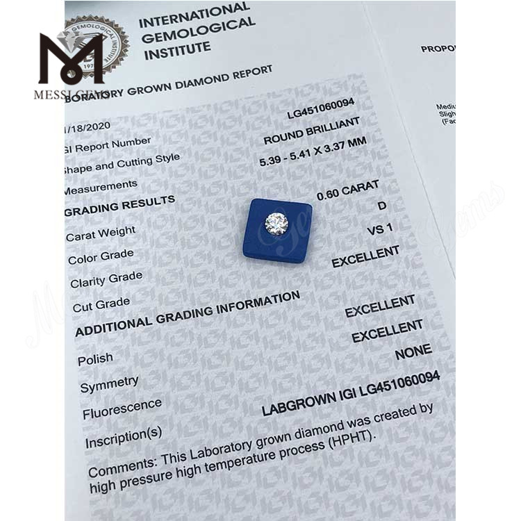 0,60 carati D VS1 EX Cut Grade Diamante rotondo creato in laboratorio HPHT