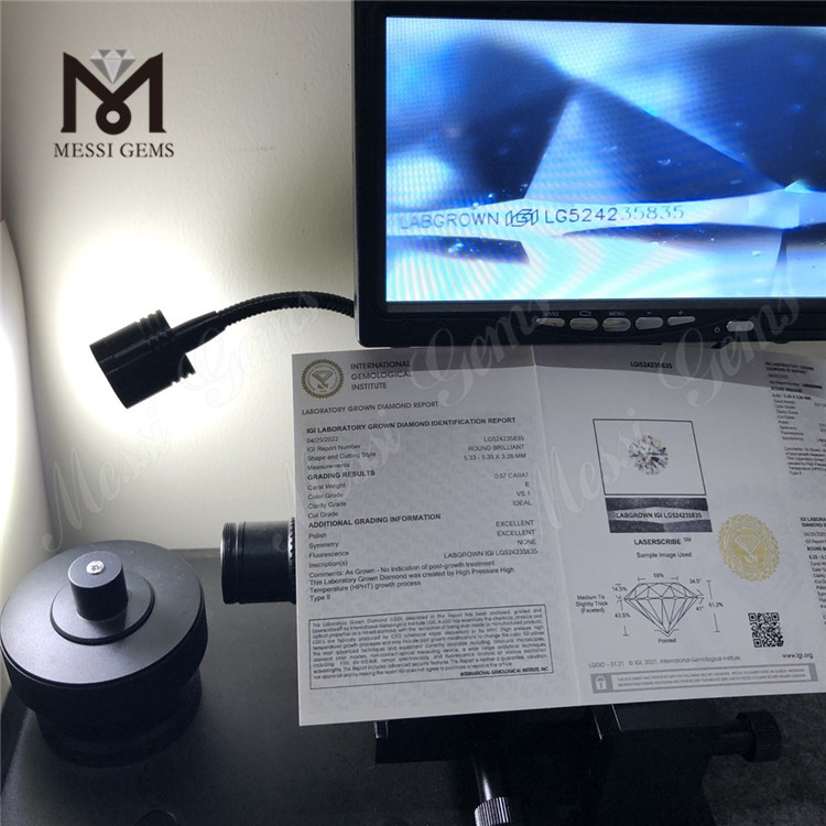 Commercio all'ingrosso di diamanti rotondi con diamante sintetico HPHT da 0,57 ct E VS1 Lab