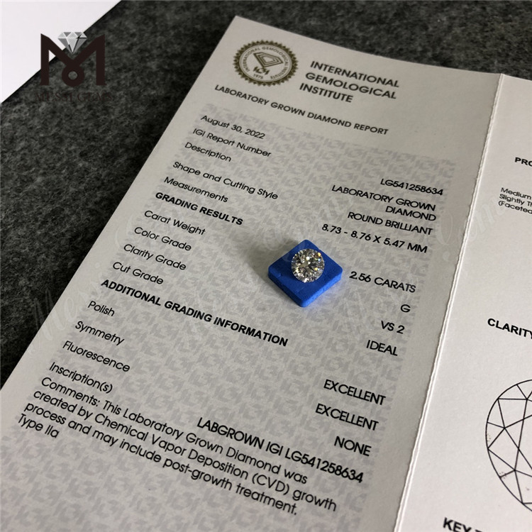 Prezzo all'ingrosso del diamante coltivato in laboratorio rotondo artificiale G da 2,56 ct in vendita