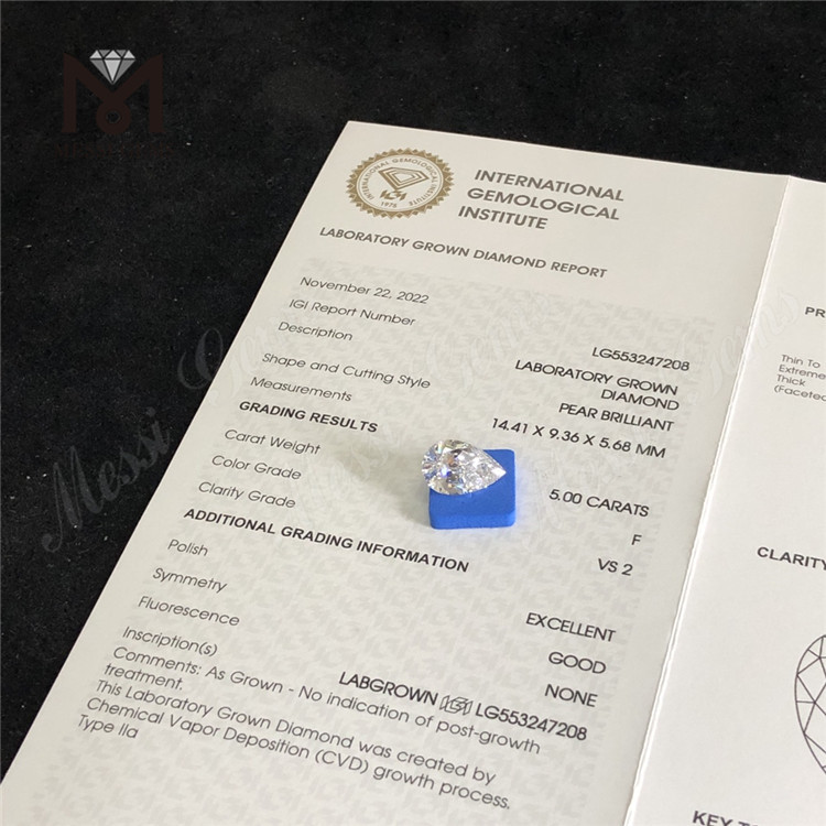 5,00 ct F VS2 EX Buon diamante coltivato in laboratorio a forma di pera di alta qualità