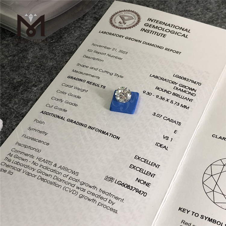 3.07CT E VS1 RD Diamante sintetico CVD da 3 ct LG608379470 per impostazioni personalizzate丨Messigems 