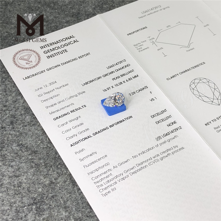 7.29CT F Diamante coltivato in laboratorio a forma di pera VS1 EX EX CVD LG631472912丨Messigems