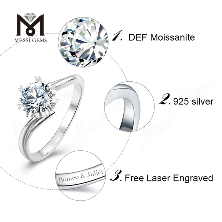 Anelli da donna classici in argento sterling 925 con diamante moissanite da 1 carato Messi Gems