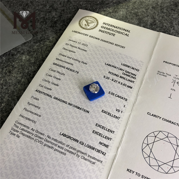 3.03ct I VS1 3EX Forma rotonda Il laboratorio sciolto ha creato il prezzo di fabbrica del diamante da 3 carati 