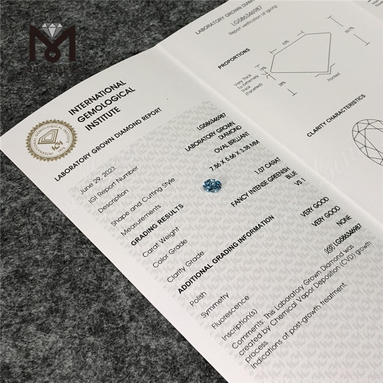 1.07CT VS1 VG VG OV FANCY INTENSO VERDASTRO Blu Ovale Diamante CVD LG586346987