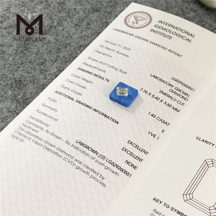 Diamanti classificati IGI a forma di smeraldo da 1,43CT E VVS1 per design distintivi丨Messigems CVD LG529260551