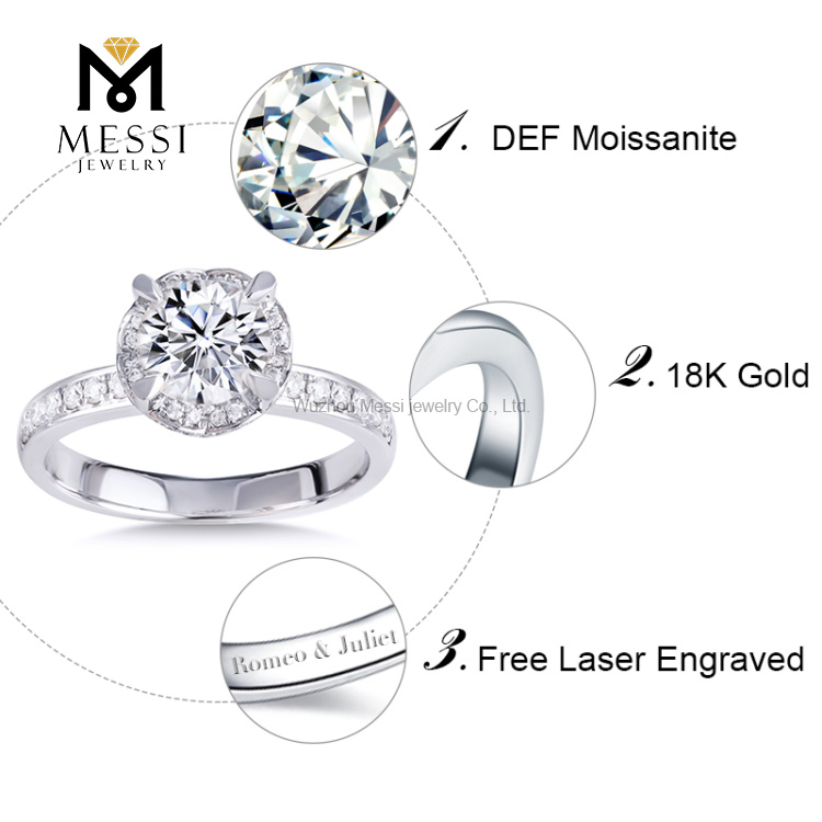 Messi Gold Jewelry 14K Anello in moissanite in oro bianco per le donne