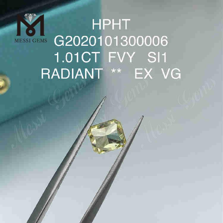 1.01ct FVY Diamante taglio sciolto coltivato in laboratorio taglio radiante VG