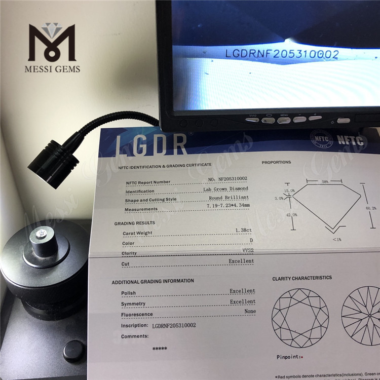 1,38 carati D VVS2 3EX in magazzino Diamante sciolto HPHT coltivato in laboratorio per gioielli