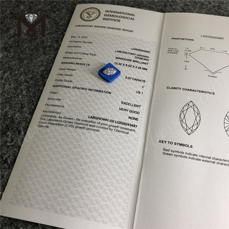 2.07CT F VS1 EX CVD diamante marquise coltivato in laboratorio Certificato IGI