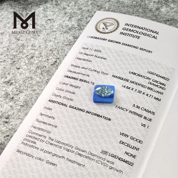 3.36CT VS1 VG EX 3ct MQ FANCY INTENSE BLUE diamanti blu coltivati ​​in laboratorio prezzo CVD LG574344522