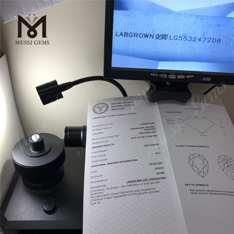 5,00 ct F VS2 EX Buon diamante coltivato in laboratorio a forma di pera di alta qualità
