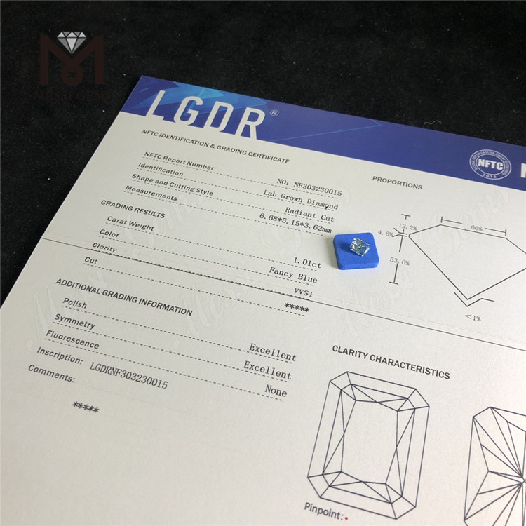 1.01CT VVS1 RADIANT FANCY BLUE diamante coltivato in laboratorio HPHT NF303230015