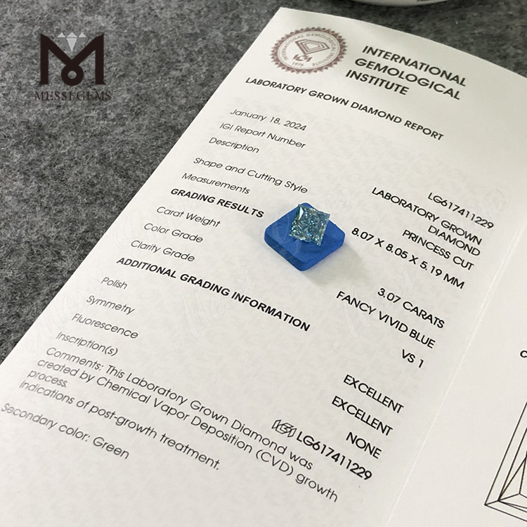 3.07CT VS1 SQ FANCY VIVID BLUE costo del diamante da laboratorio Certificato IGI Sustainable Sparkle丨Messigems CVD LG617411229 