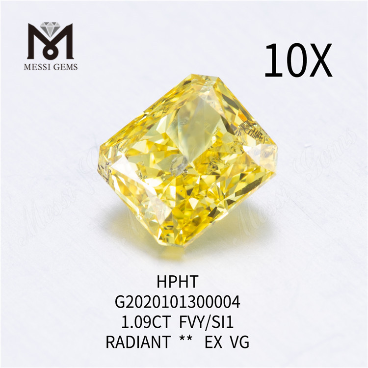 1,09 ct FVY/SI1 Diamanti colorati coltivati ​​in laboratorio a taglio radiante EX