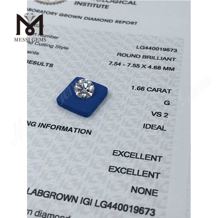 1,66 carati G VS2 IDEAL Diamante rotondo coltivato in laboratorio