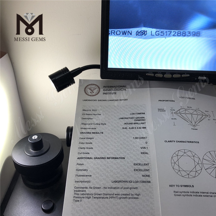 Diamante coltivato in laboratorio HPHT da 1,01 ct D VS1 3EX a taglio rotondo