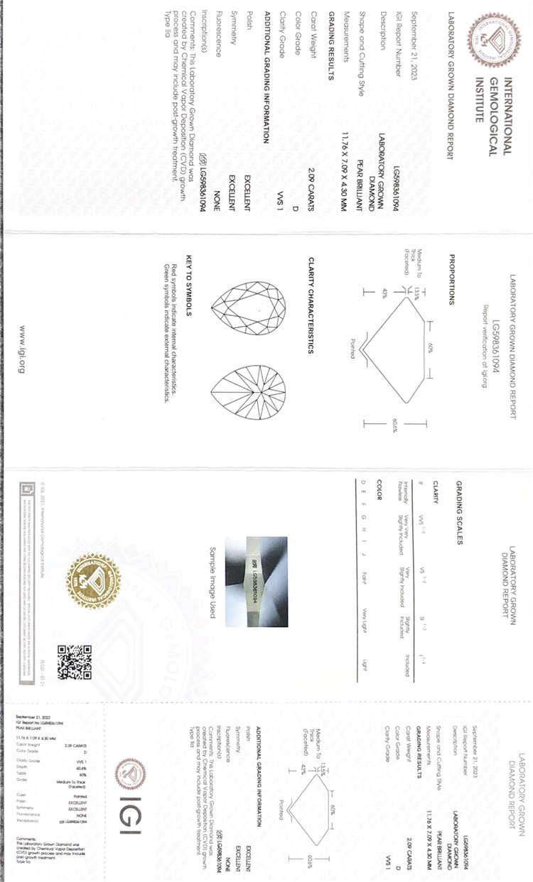 Certificato di diamante CVD da 2 ct
