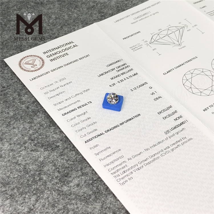 3.12CT G VS1 ID 3ct diamante coltivato cvd LG603349011 Eccellenza ottica丨Messigems 
