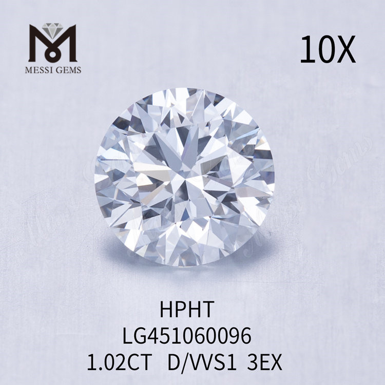1,02 carati D VVS1 Diamante rotondo EX Cut Grade coltivato in laboratorio HPHT
