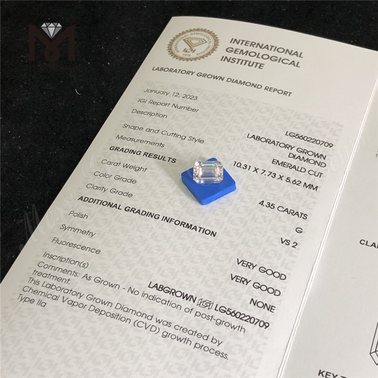 4.35CT G VS2 VG VG diamante da laboratorio taglio smeraldo CVD in vendita