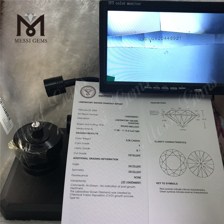 5.05CT F SI1 3EX CVD Diamanti rotondi coltivati ​​in laboratorio prezzo economico丨Messigems LG620446921 