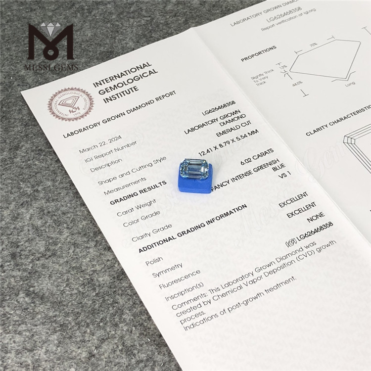 Diamanti coltivati ​​in laboratorio con taglio smeraldo blu da 6,02 CT VS1 CVD LG626468358丨Messigems 