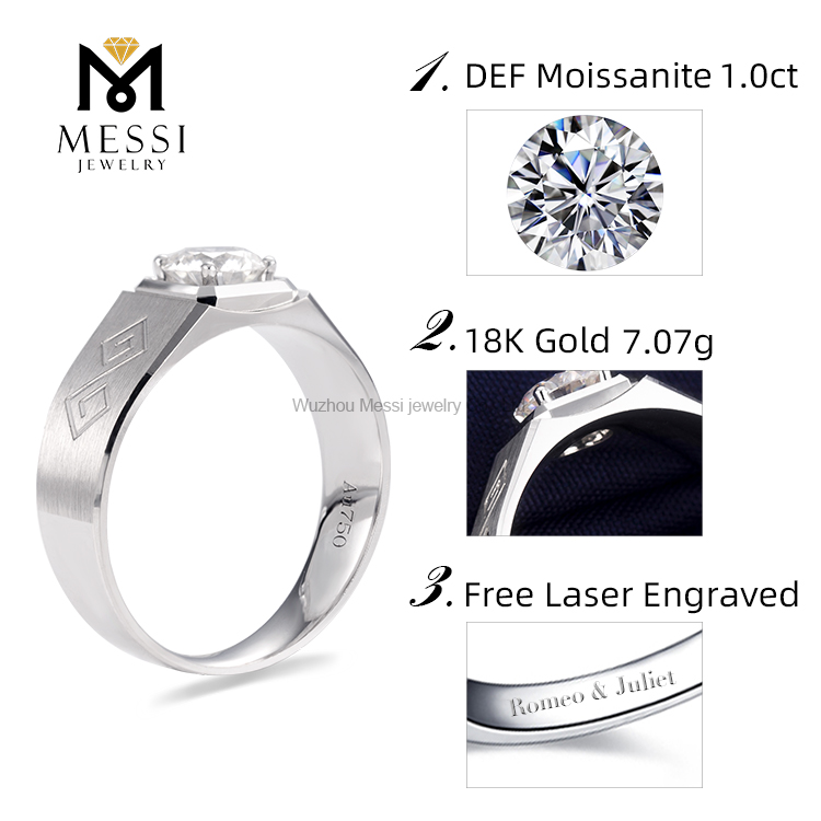 Anello da uomo fashion moissanite in oro bianco 1 carato