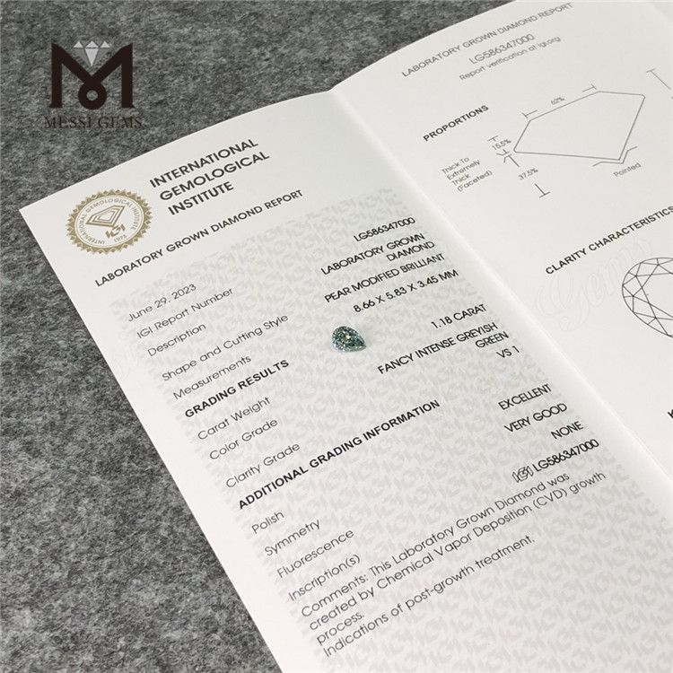 1.18CT VS1 EX VG FANCY INTENSO VERDE GRIGIASTRO Forma a pera Verde pera Cvd Diamante LG586347000