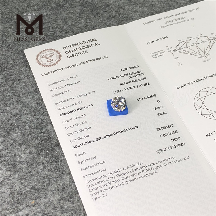 6.52CT D VVS2 ID EX EX CVD diamanti coltivati ​​in laboratorio La tua fonte per acquisti all'ingrosso LG597359301丨Messigems
