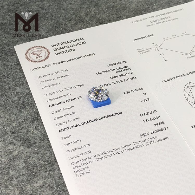 9.74CT D VVS2 OV diamanti creati in laboratorio di grandi dimensioni CVD LG607395172丨Messigems