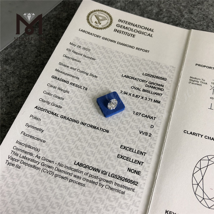 1.07ct D Vvs Lab Diamond OVAL Miglior diamante sciolto da laboratorio CVD