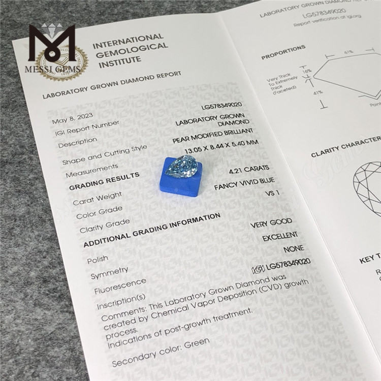 4.21CT VS1 VG EX PEAR FANCY VIVID BLUE diamanti realizzati in laboratorio a buon mercato CVD LG578349020