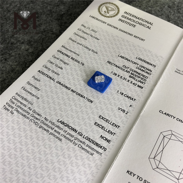 1.18CT RETTANGOLARE F VVS2 EX EX CVD Lab Diamanti Certificato IGI