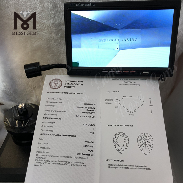 5.07CT PEAR H VS2 Diamanti creati in laboratorio da igi Brilliance certificata IGI丨Messigems LG608386157 