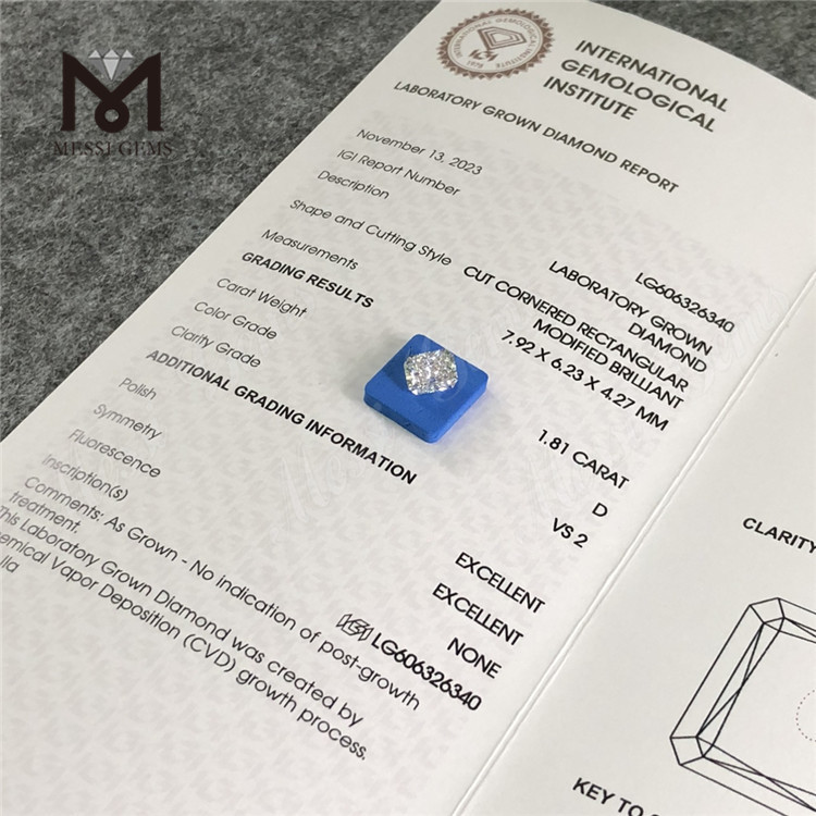 1.81CT D VS2 EX EX CVD RETTANGOLARE diamante igi Acquista la nostra collezione丨Messigems LG606326340