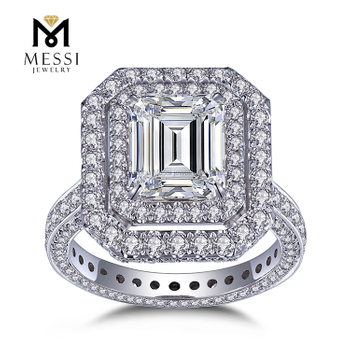 Anello da cocktail con diamanti taglio smeraldo da 3 carati Anello con alone di diamanti HPHT Lab in oro bianco 14 carati 18 carati