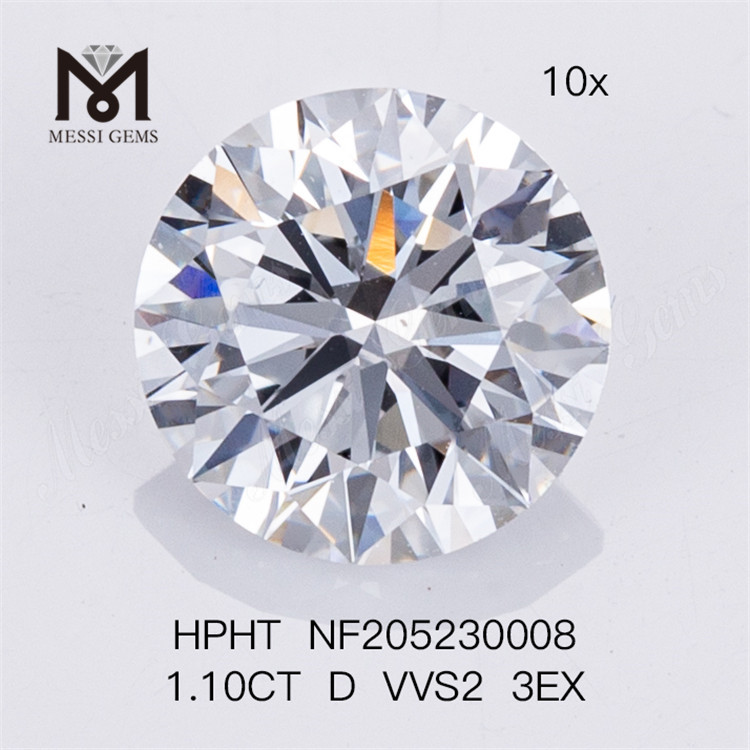 Diamante sintetico coltivato in laboratorio HPHT 3EX da 1,10 ct D VVS2 rotondo a taglio brillante