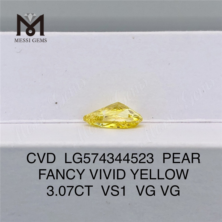 3.07CT PERA FANCY VIVID YELLOW VS1 VG VG Diamante creato in laboratorio da 3 ct CVD LG574344523