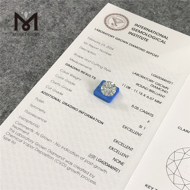 5.05CT F SI1 3EX CVD Diamanti rotondi coltivati ​​in laboratorio prezzo economico丨Messigems LG620446921 