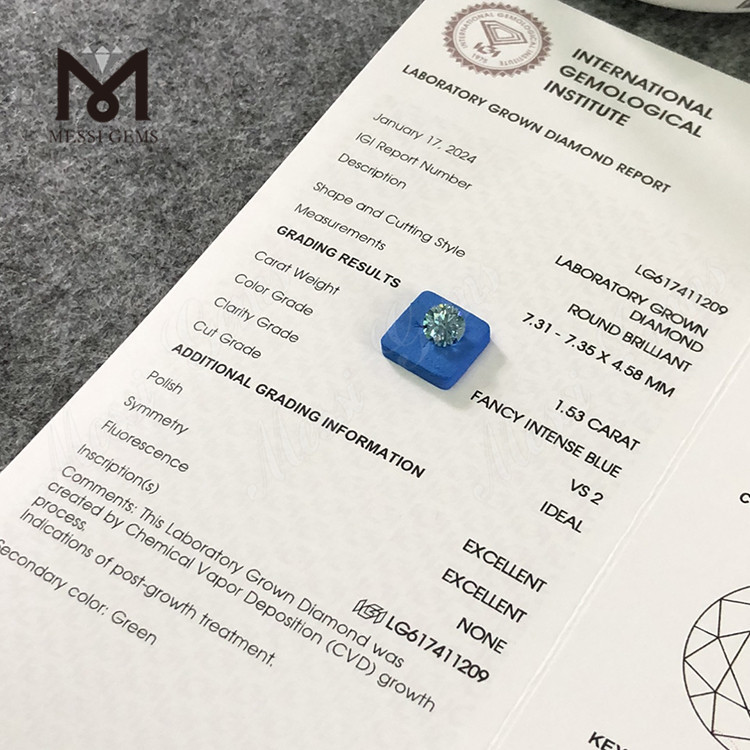 Diamanti da laboratorio certificati IGI ID FANCY INTENSE BLUE da 1,53CT VS2丨Messigems CVD LG617411209