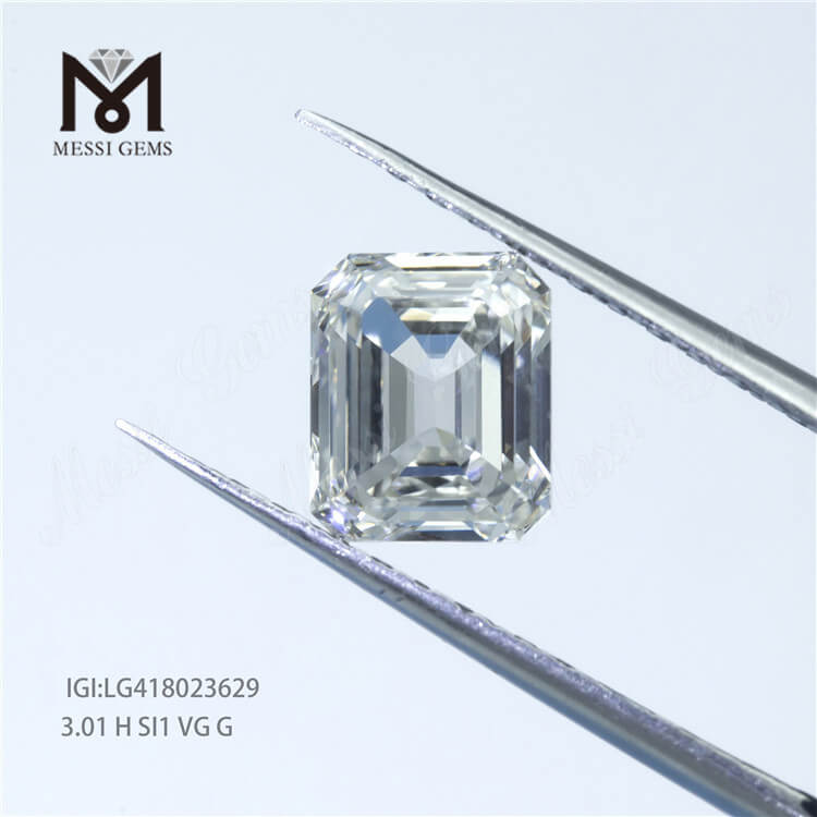 Diamante smeraldo coltivato in laboratorio sfuso personalizzato da 3,01 carati H SI1 EX diamante smeraldo coltivato in laboratorio CVD a taglio fantasia