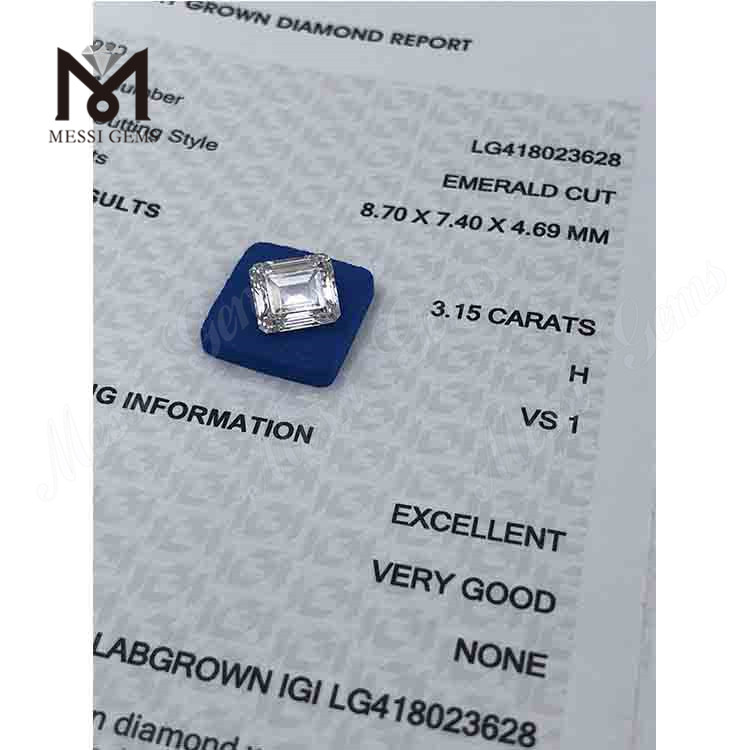 3.15CT H/VS1 diamante da laboratorio taglio smeraldo EX VG
