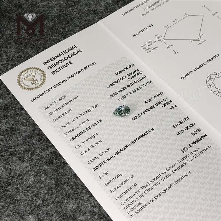 Diamanti Fancy Green Lab Grown da 4 ct PERA FANCY INTENSO VERDE GRIGIASTRO VS2 EX VG CVD LG586346994
