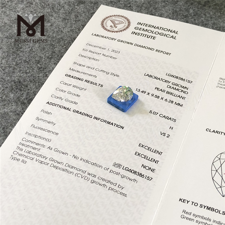 5.07CT PEAR H VS2 Diamanti creati in laboratorio da igi Brilliance certificata IGI丨Messigems LG608386157 