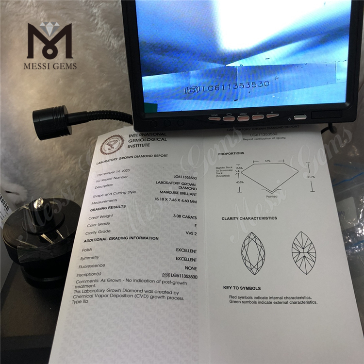 Diamanti da laboratorio da 3,08 carati E VVS2 MQ CVD Certificato IGI Sparkle丨Messigems LG611353530