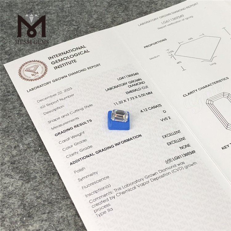 Diamanti lavorati sciolti da 4 ct taglio smeraldo da 4,12 ct VVS2 LG611369349丨Messigems