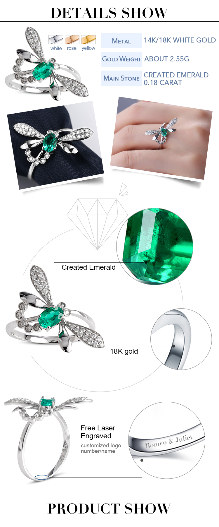 Dettagli degli anelli in oro smeraldo