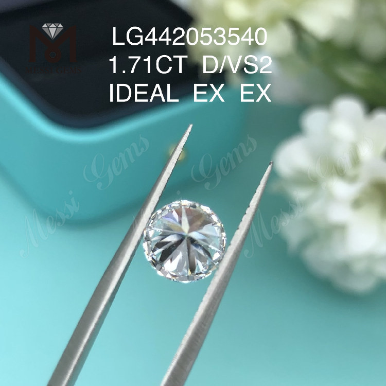 1,71 carati D VS2 IDEAL Diamanti coltivati ​​in laboratorio cinesi a taglio rotondo in vendita