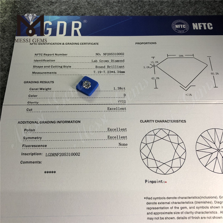 1,38 carati D VVS2 3EX in magazzino Diamante sciolto HPHT coltivato in laboratorio per gioielli